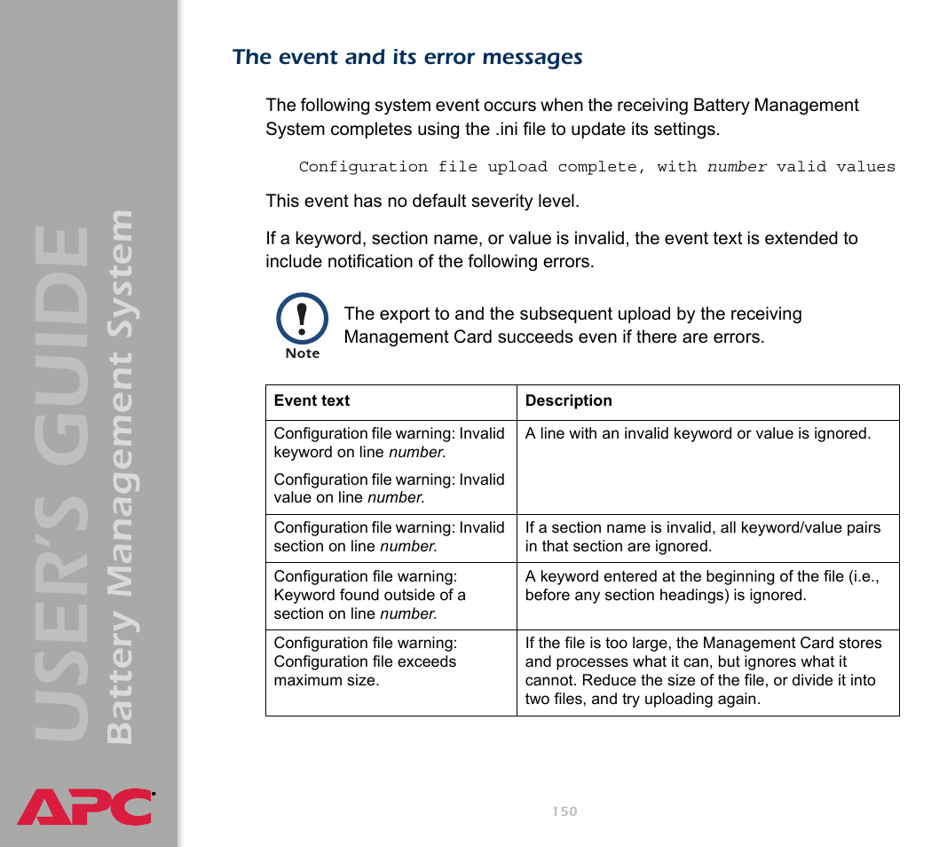 The event and its error messages, User’s guide, Battery management system | APC Battery Management System User Manual | Page 157 / 194