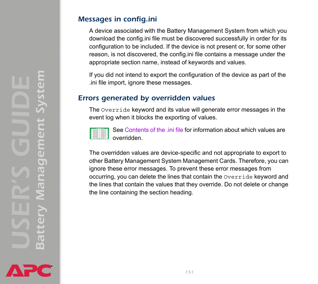 Messages in config.ini, Errors generated by overridden values, User’s guide | Battery management system | APC Battery Management System User Manual | Page 158 / 194