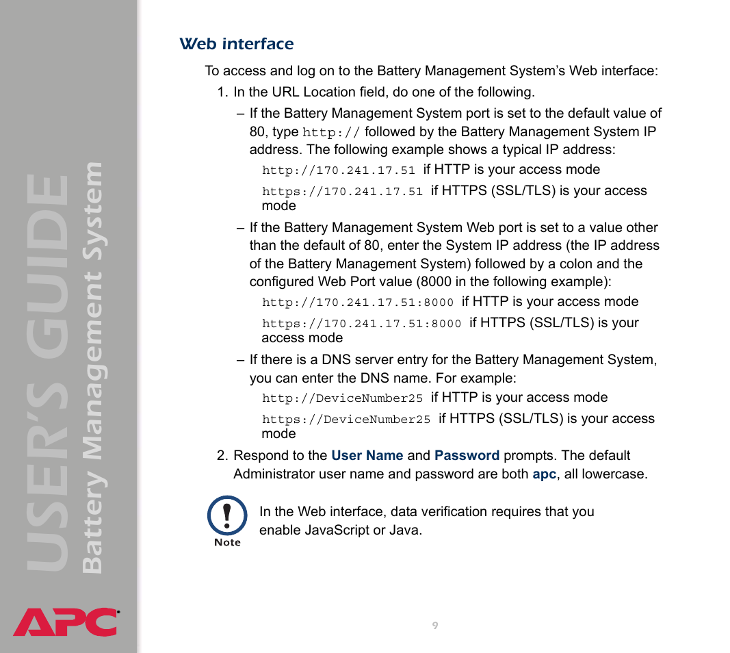 Web interface, User’s guide, Battery management system | APC Battery Management System User Manual | Page 16 / 194