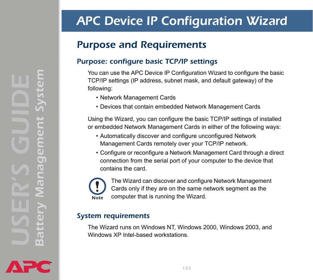 Apc device ip configuration wizard, Purpose and requirements, Purpose: configure basic tcp/ip settings | System requirements, User’s guide, Battery management system | APC Battery Management System User Manual | Page 160 / 194