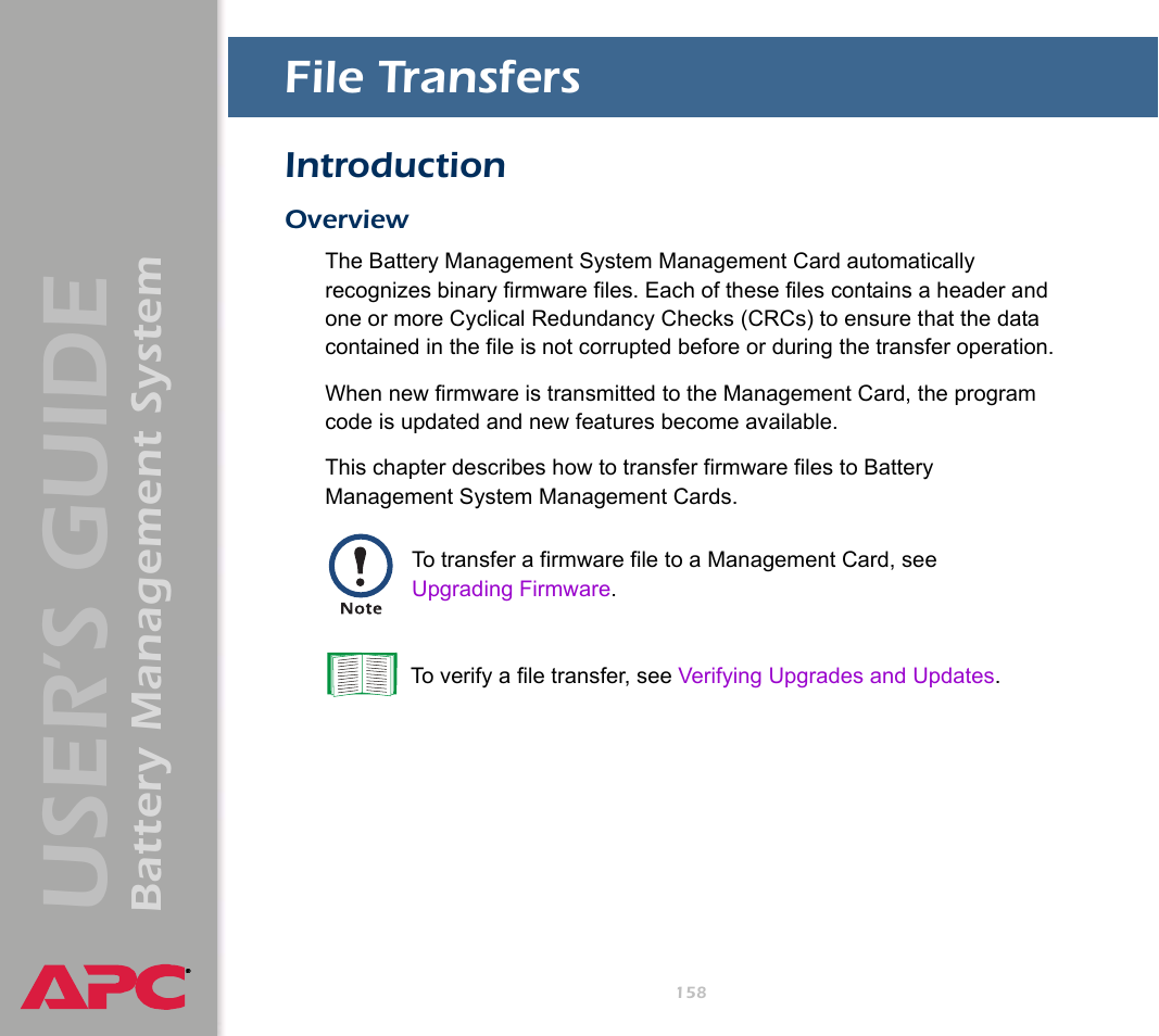 File transfers, Introduction, Overview | User’s guide, Battery management system | APC Battery Management System User Manual | Page 165 / 194