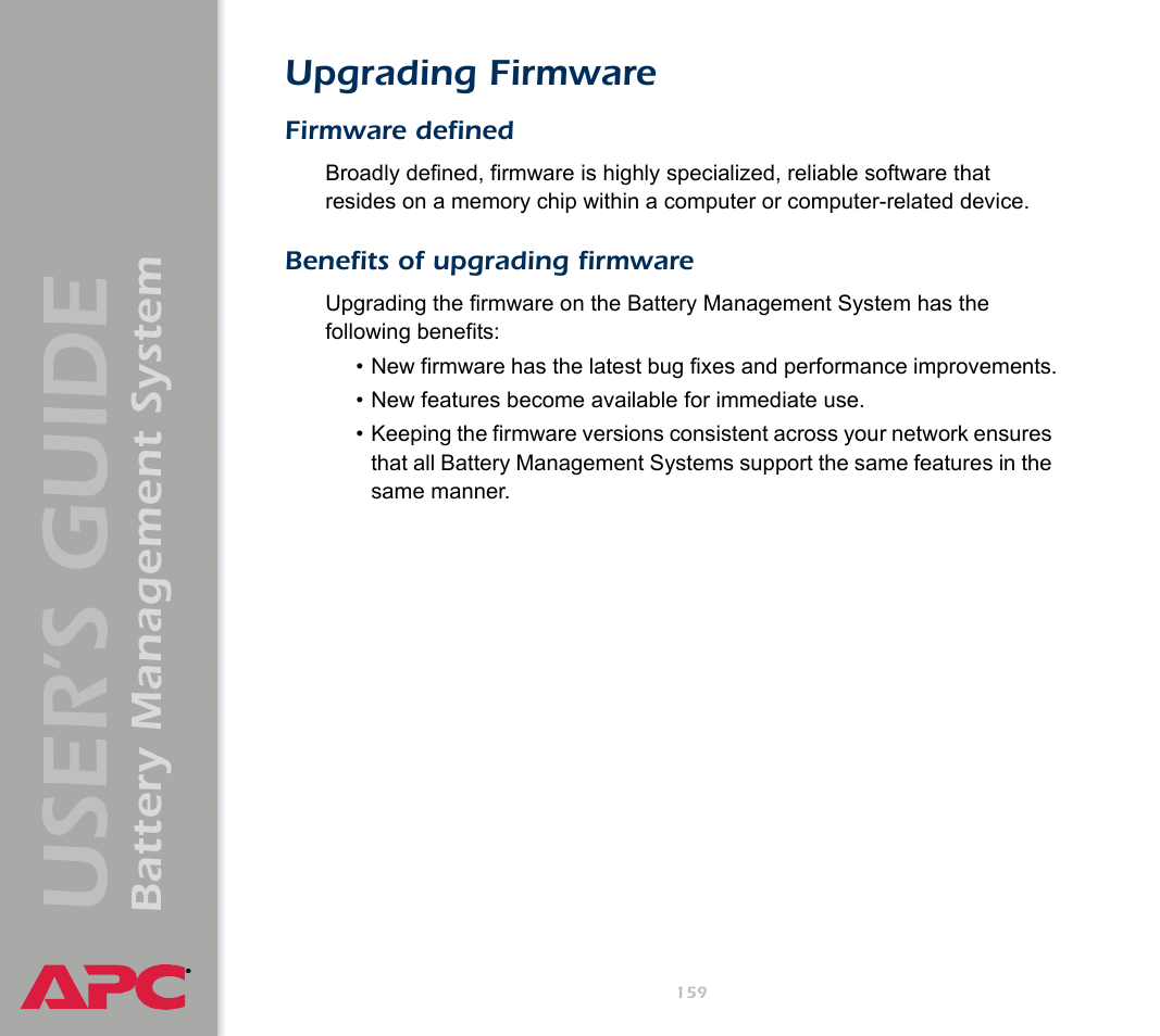 Upgrading firmware, Firmware defined, Benefits of upgrading firmware | User’s guide, Battery management system | APC Battery Management System User Manual | Page 166 / 194