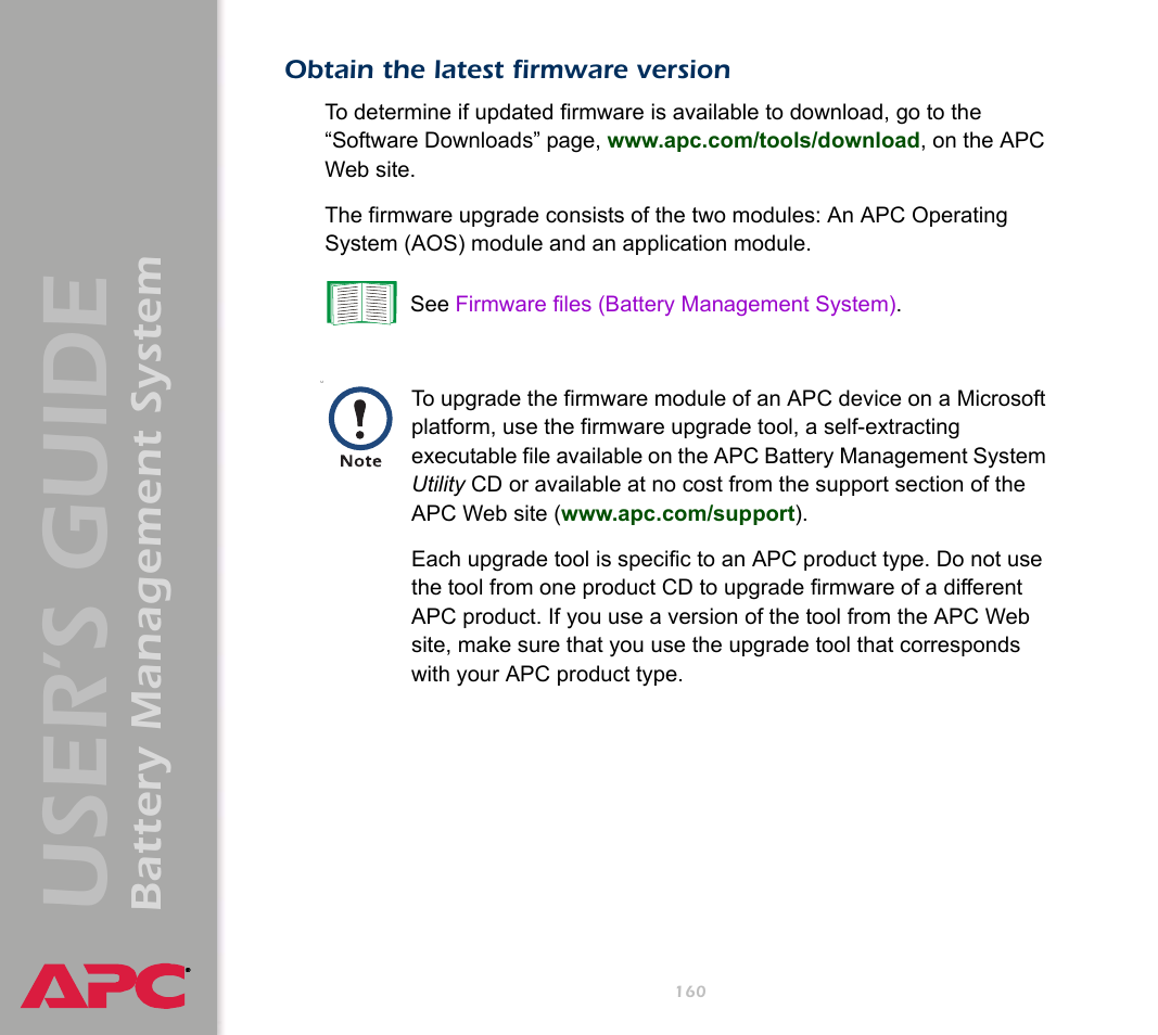 Obtain the latest firmware version, User’s guide, Battery management system | APC Battery Management System User Manual | Page 167 / 194