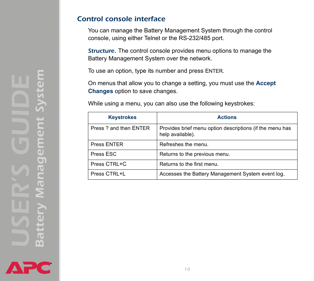 Control console interface, User’s guide, Battery management system | APC Battery Management System User Manual | Page 17 / 194