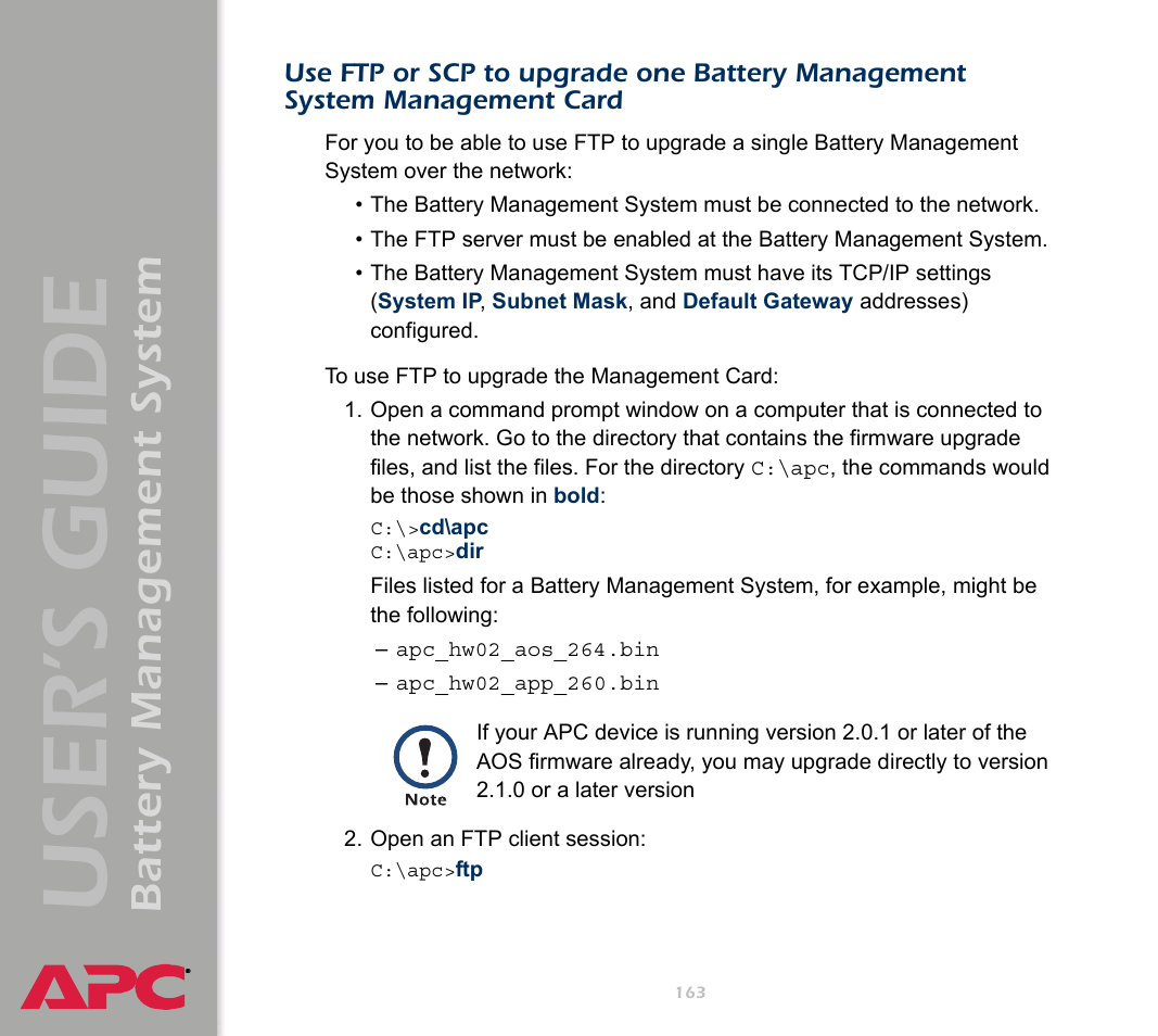 Use ftp or scp to upgrade one battery management, System management card, User’s guide | Battery management system | APC Battery Management System User Manual | Page 170 / 194