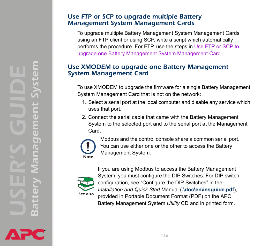 System management cards, Use xmodem to upgrade one battery management, System management card | User’s guide, Battery management system | APC Battery Management System User Manual | Page 173 / 194