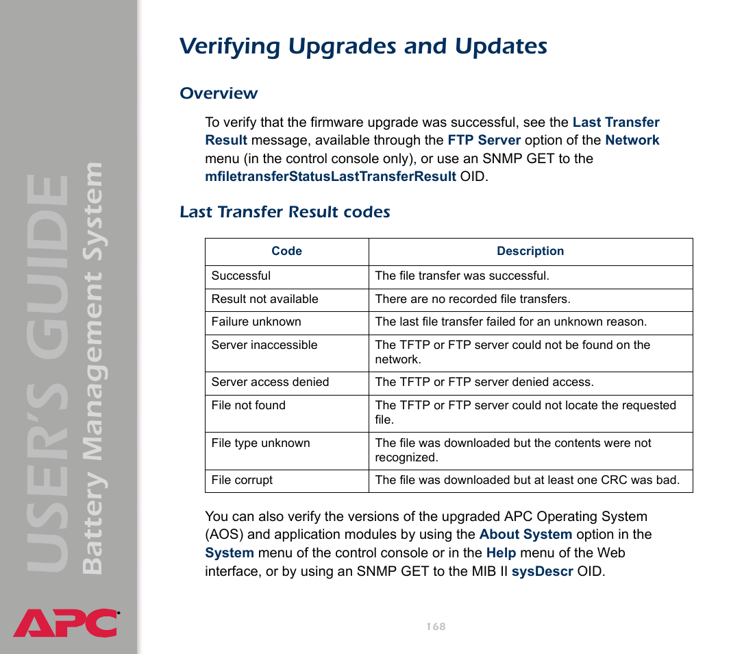 Verifying upgrades and updates, Overview, Last transfer result codes | User’s guide, Battery management system | APC Battery Management System User Manual | Page 175 / 194
