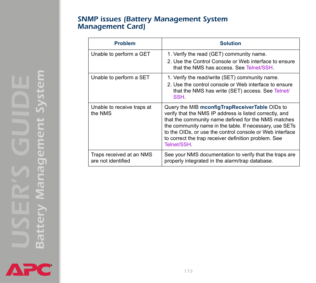 Snmp issues (battery management system management, Card), User’s guide | Battery management system | APC Battery Management System User Manual | Page 180 / 194