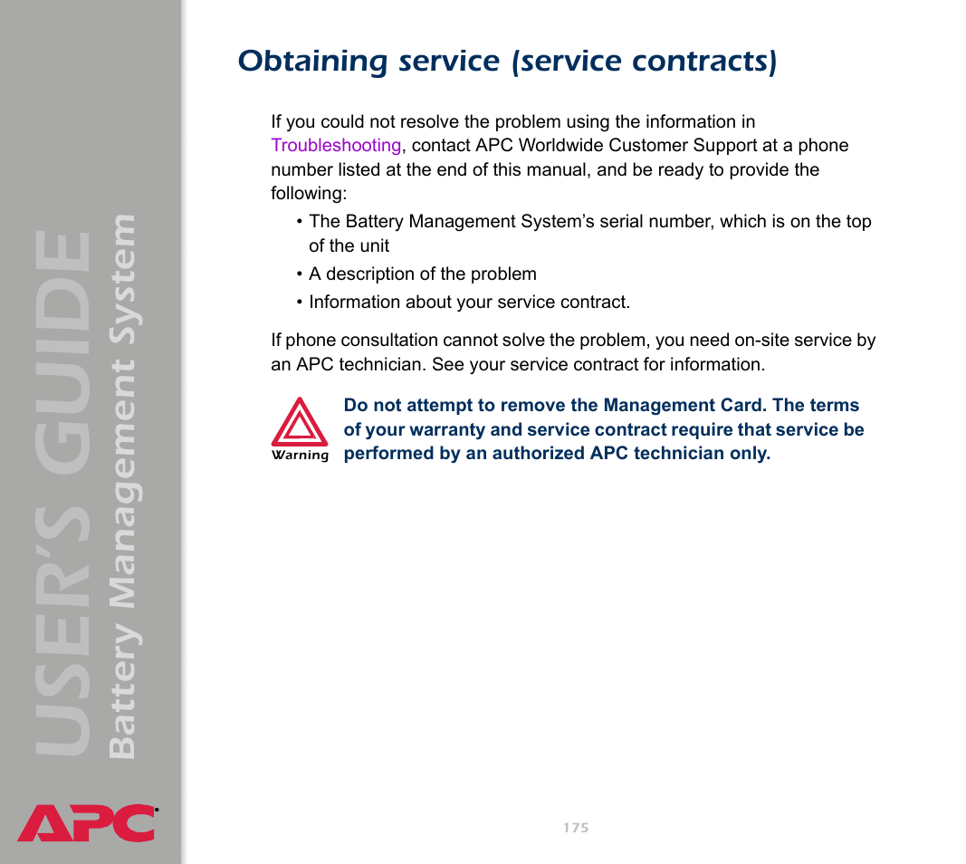 Obtaining service (service contracts), User’s guide, Battery management system | APC Battery Management System User Manual | Page 182 / 194