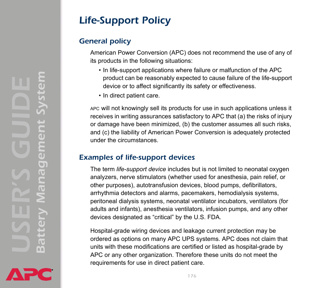 Life-support policy, General policy, Examples of life-support devices | User’s guide, Battery management system | APC Battery Management System User Manual | Page 183 / 194