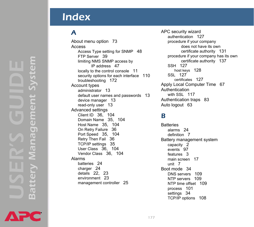Index, User’s guide, Battery management system | APC Battery Management System User Manual | Page 184 / 194