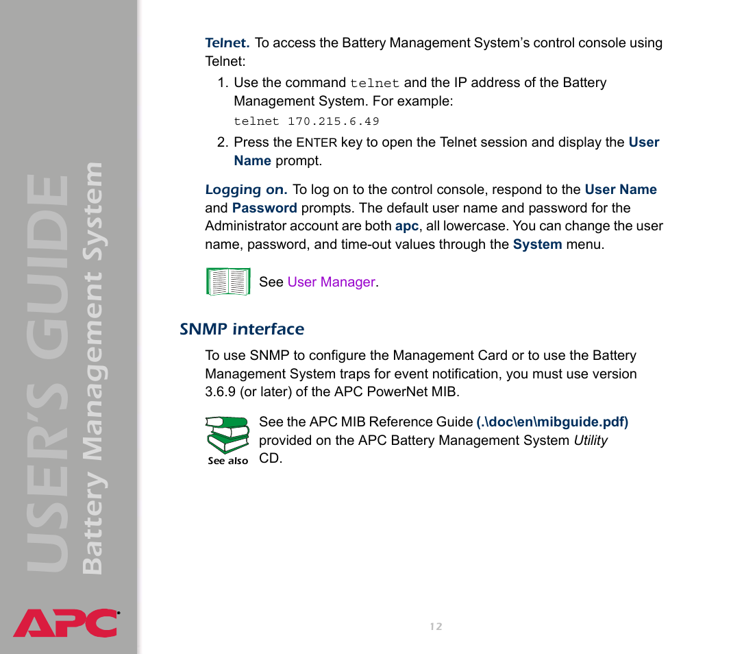 Snmp interface, User’s guide, Battery management system | APC Battery Management System User Manual | Page 19 / 194