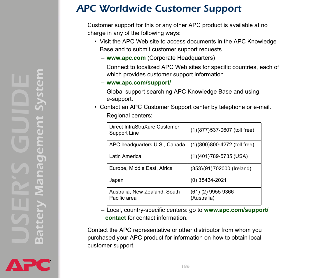 Apc worldwide customer support, User’s guide, Battery management system | APC Battery Management System User Manual | Page 193 / 194