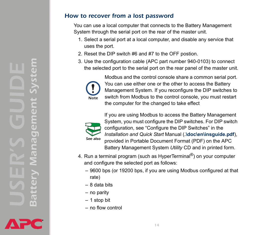 How to recover from a lost password, User’s guide, Battery management system | APC Battery Management System User Manual | Page 21 / 194