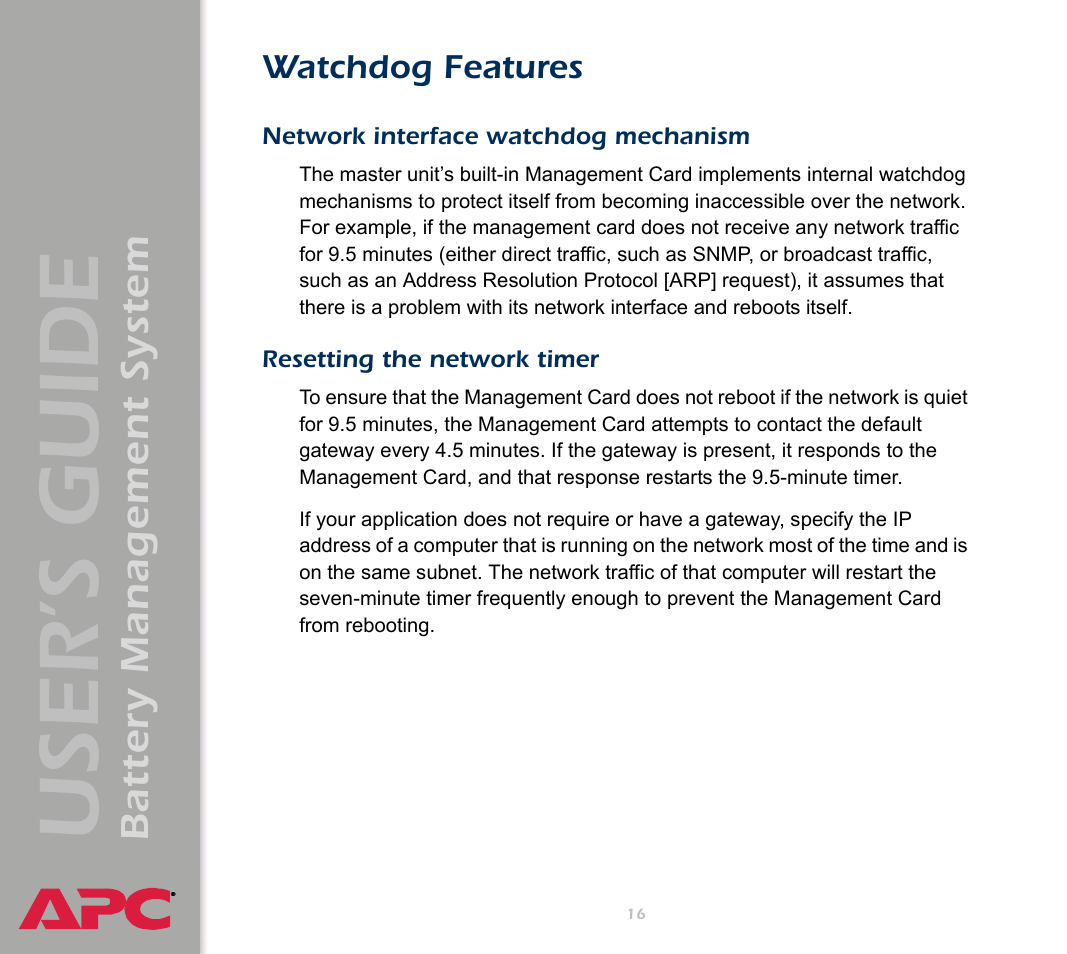 Watchdog features, Network interface watchdog mechanism, Resetting the network timer | User’s guide, Battery management system | APC Battery Management System User Manual | Page 23 / 194