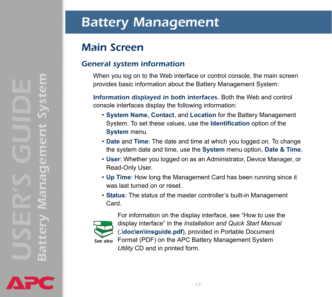 Battery management, Main screen, General system information | User’s guide, Battery management system | APC Battery Management System User Manual | Page 24 / 194