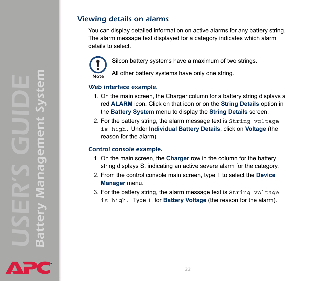 Viewing details on alarms, User’s guide, Battery management system | APC Battery Management System User Manual | Page 29 / 194