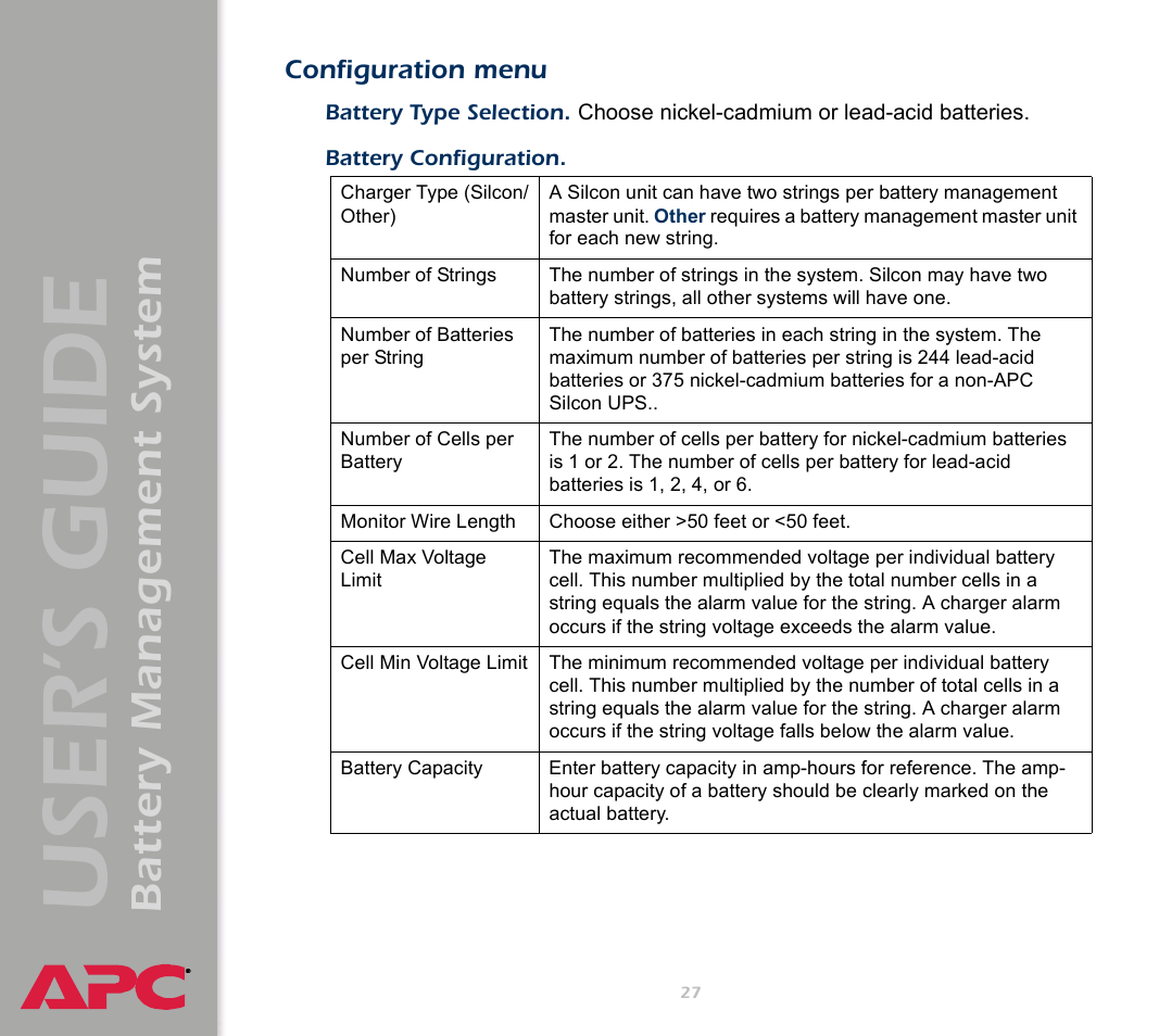 Configuration menu, User’s guide, Battery management system | APC Battery Management System User Manual | Page 34 / 194