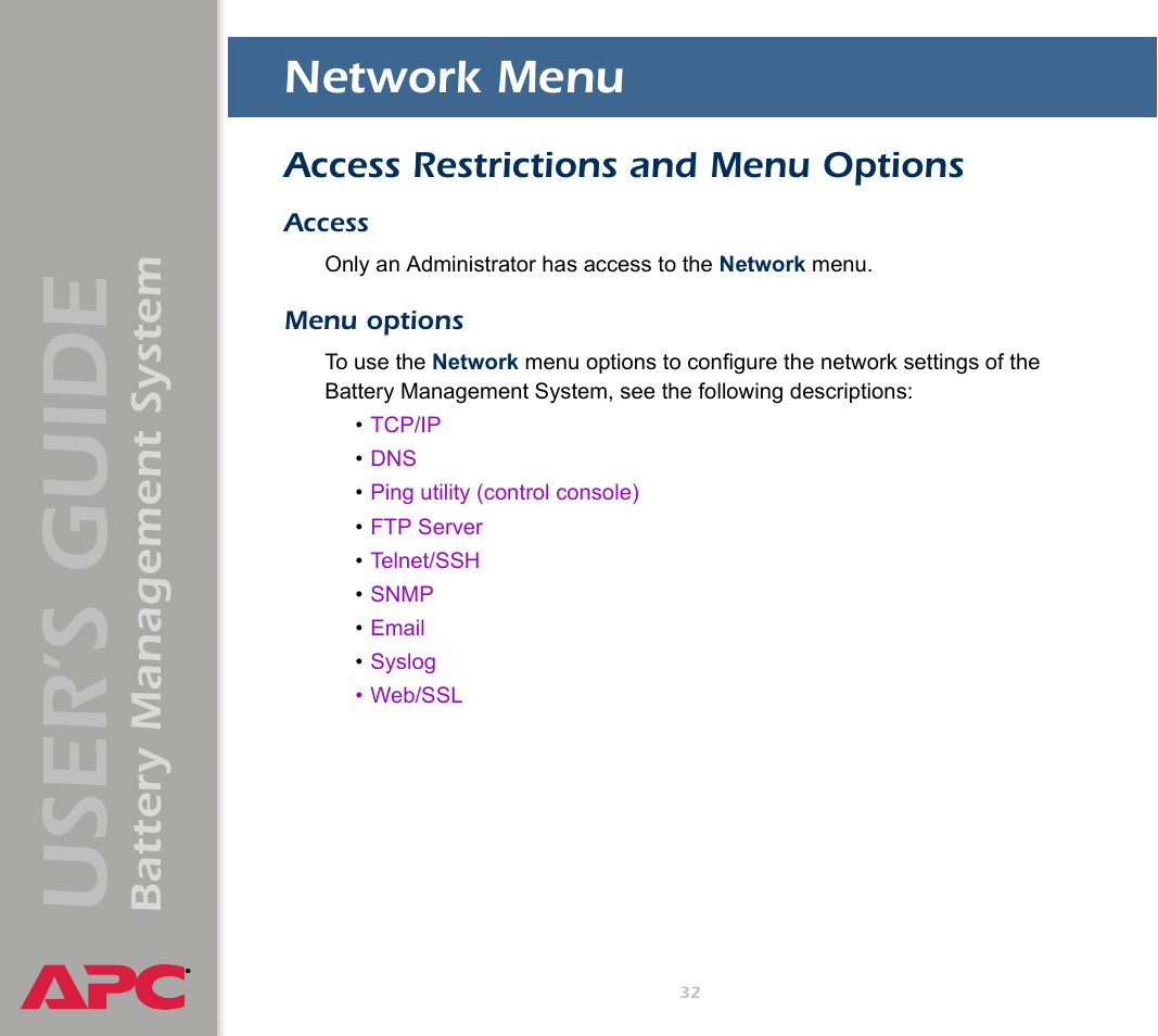 Network menu, Access restrictions and menu options, Access | Menu options, User’s guide, Battery management system | APC Battery Management System User Manual | Page 39 / 194