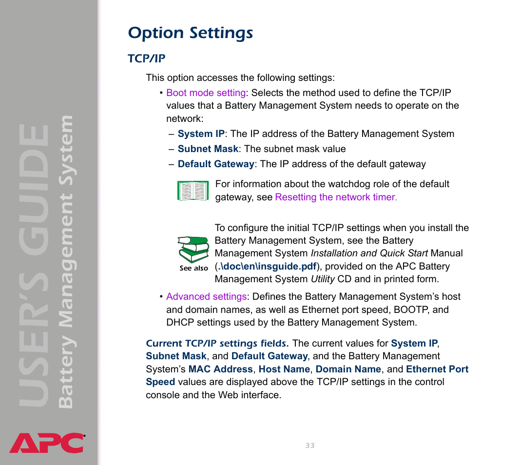 Option settings, Tcp/ip, User’s guide | Battery management system | APC Battery Management System User Manual | Page 40 / 194