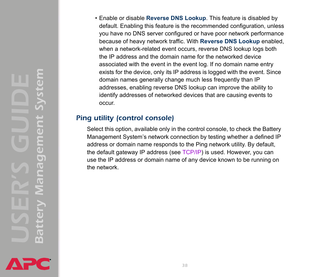 Ping utility (control console), User’s guide, Battery management system | APC Battery Management System User Manual | Page 45 / 194