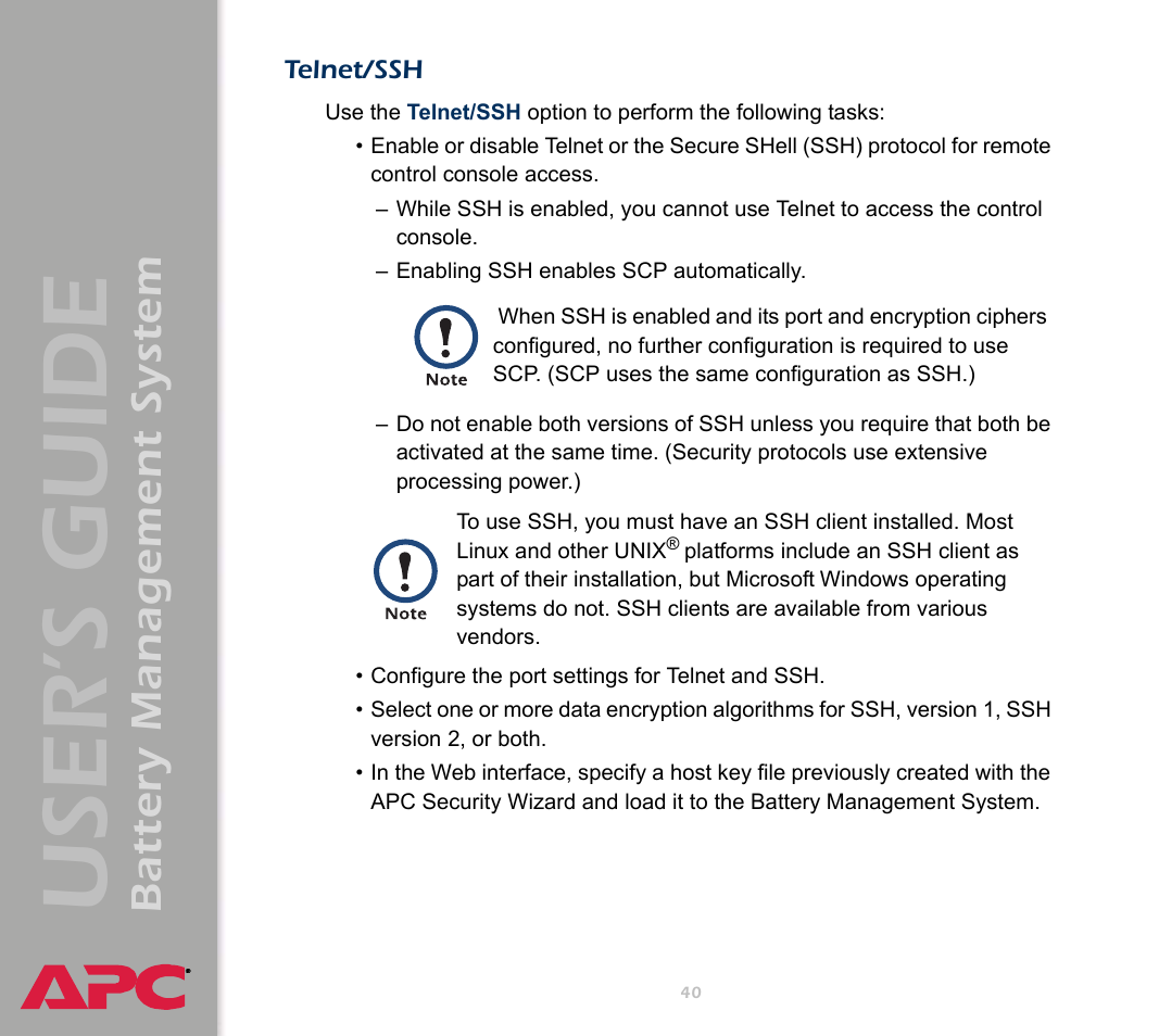 Telnet/ssh, User’s guide, Battery management system | APC Battery Management System User Manual | Page 47 / 194