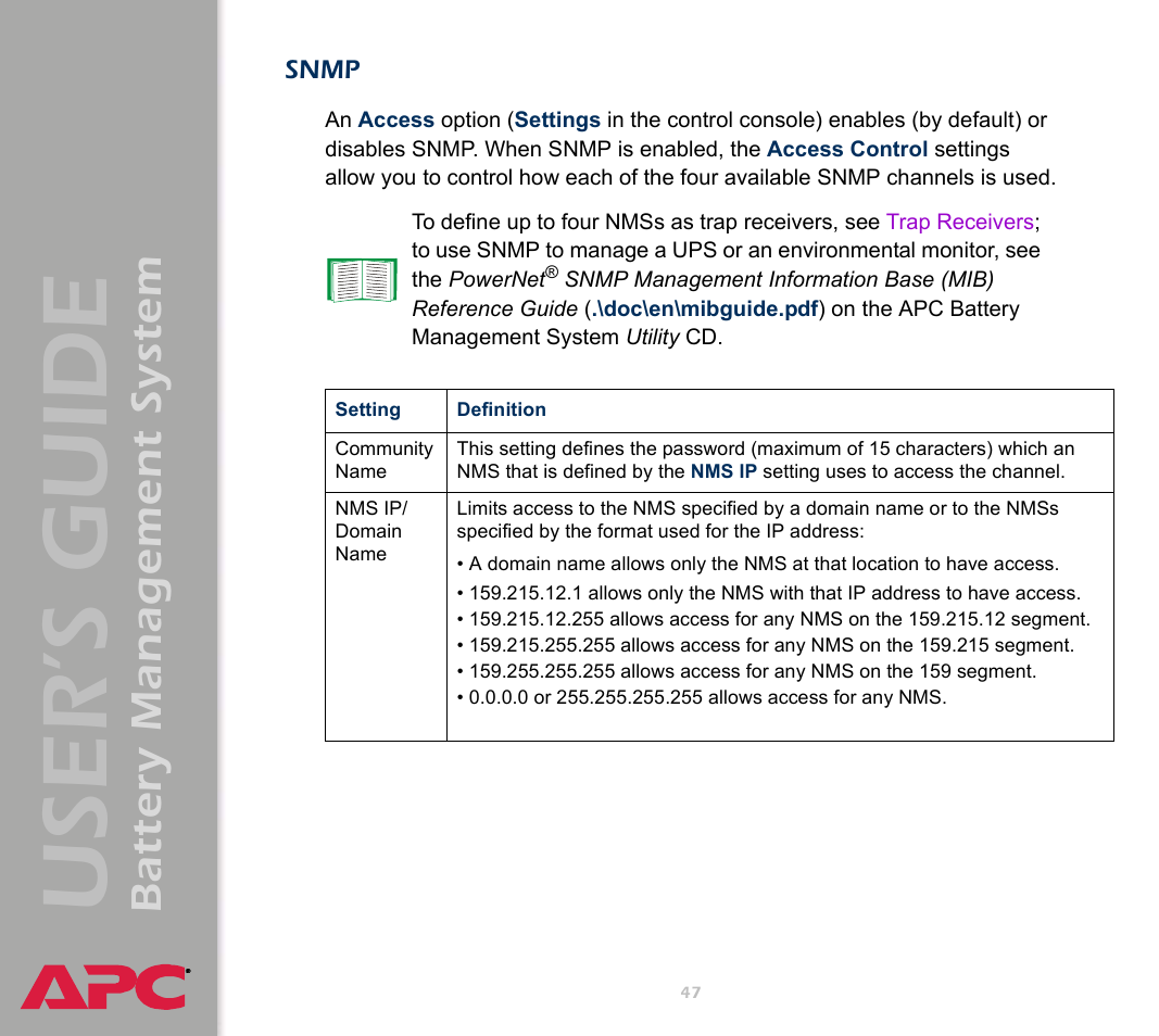 Snmp, User’s guide, Battery management system | APC Battery Management System User Manual | Page 54 / 194