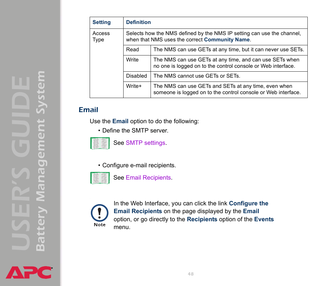 Email, User’s guide, Battery management system | APC Battery Management System User Manual | Page 55 / 194