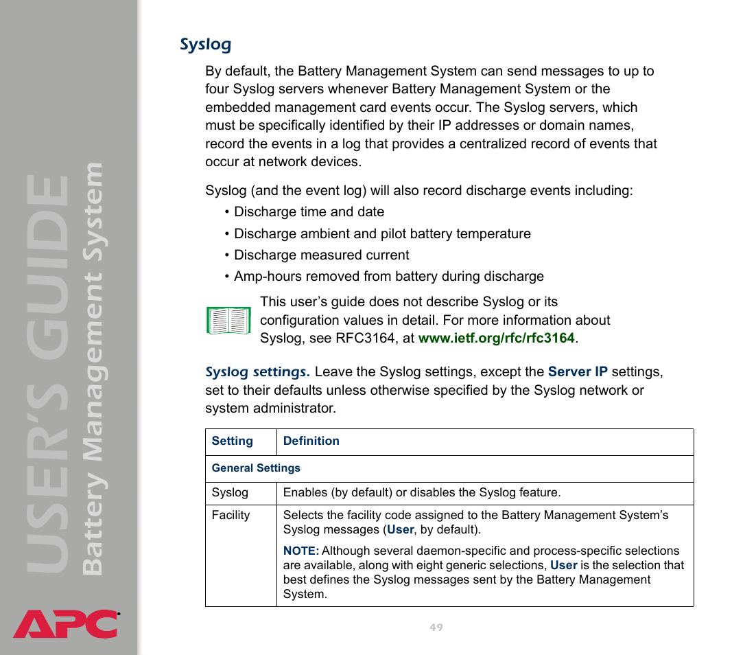 Syslog, User’s guide, Battery management system | APC Battery Management System User Manual | Page 56 / 194