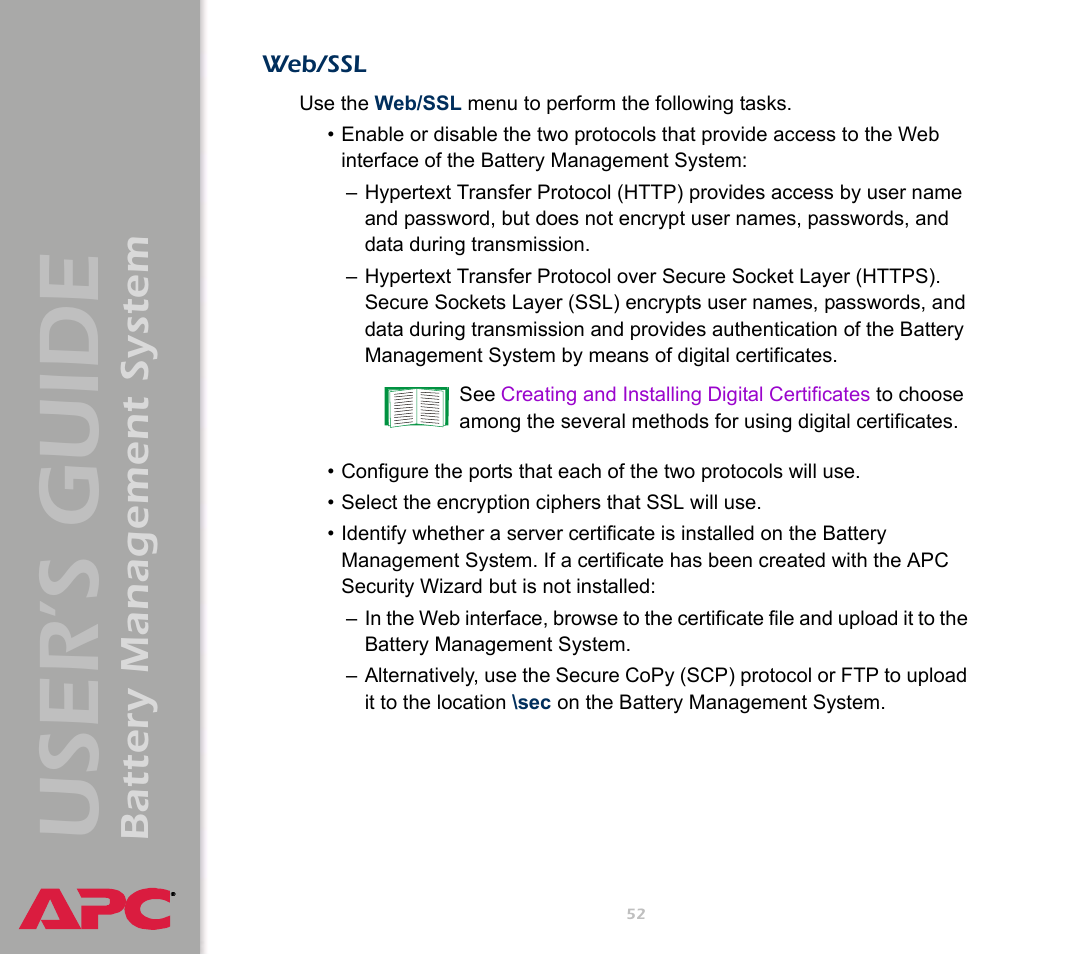 Web/ssl, User’s guide, Battery management system | APC Battery Management System User Manual | Page 59 / 194