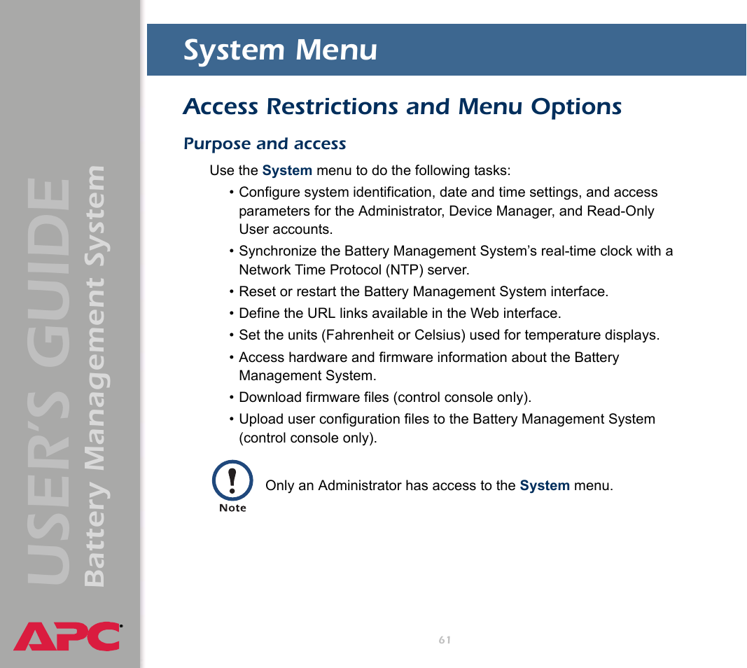 System menu, Access restrictions and menu options, Purpose and access | User’s guide, Battery management system | APC Battery Management System User Manual | Page 68 / 194