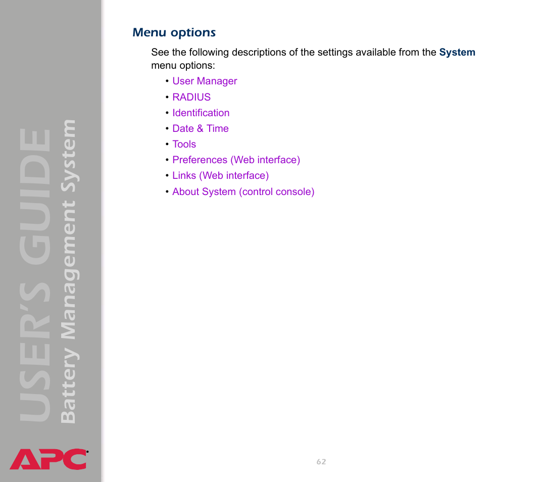 Menu options, User’s guide, Battery management system | APC Battery Management System User Manual | Page 69 / 194