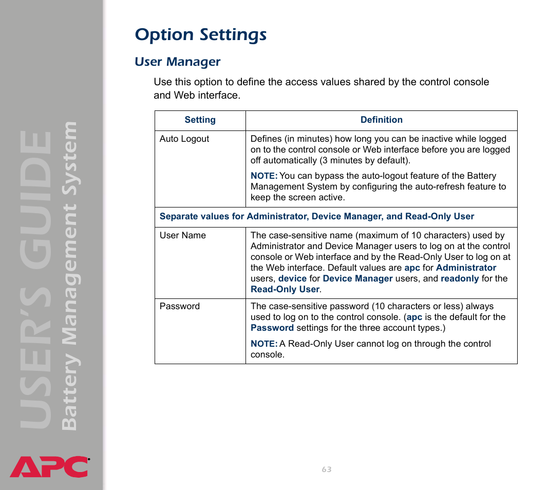 Option settings, User manager, User’s guide | Battery management system | APC Battery Management System User Manual | Page 70 / 194
