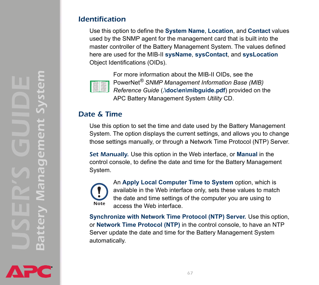 Identification, Date & time, User’s guide | Battery management system | APC Battery Management System User Manual | Page 74 / 194
