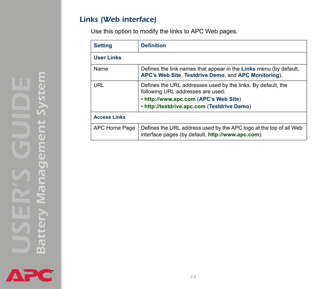 Links (web interface), User’s guide, Battery management system | APC Battery Management System User Manual | Page 79 / 194