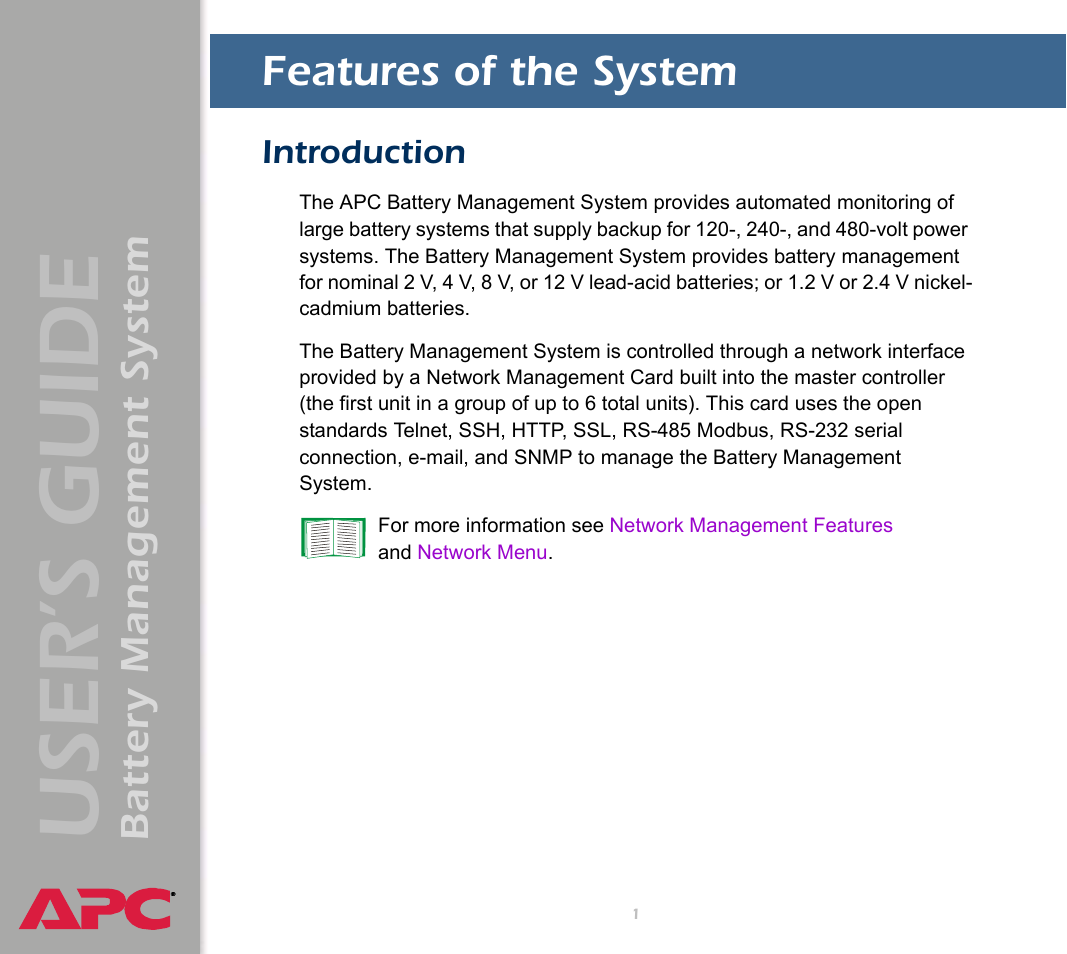 Features of the system, Introduction, User’s guide | Battery management system | APC Battery Management System User Manual | Page 8 / 194