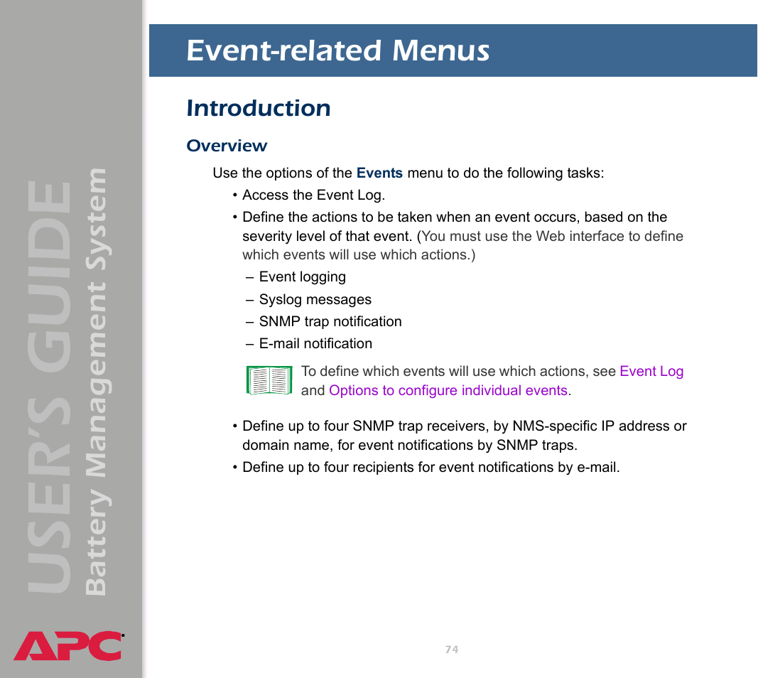 Event-related menus, Introduction, Overview | User’s guide, Battery management system | APC Battery Management System User Manual | Page 81 / 194