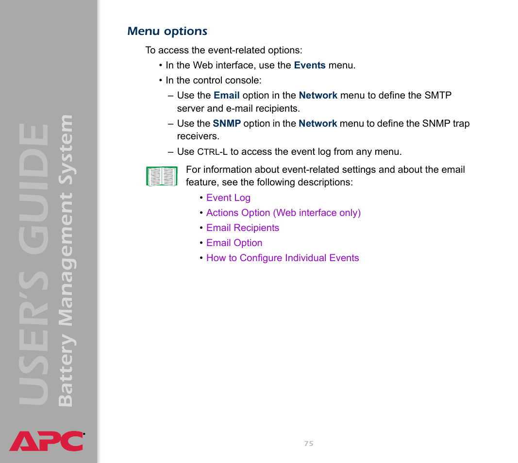 Menu options, User’s guide, Battery management system | APC Battery Management System User Manual | Page 82 / 194