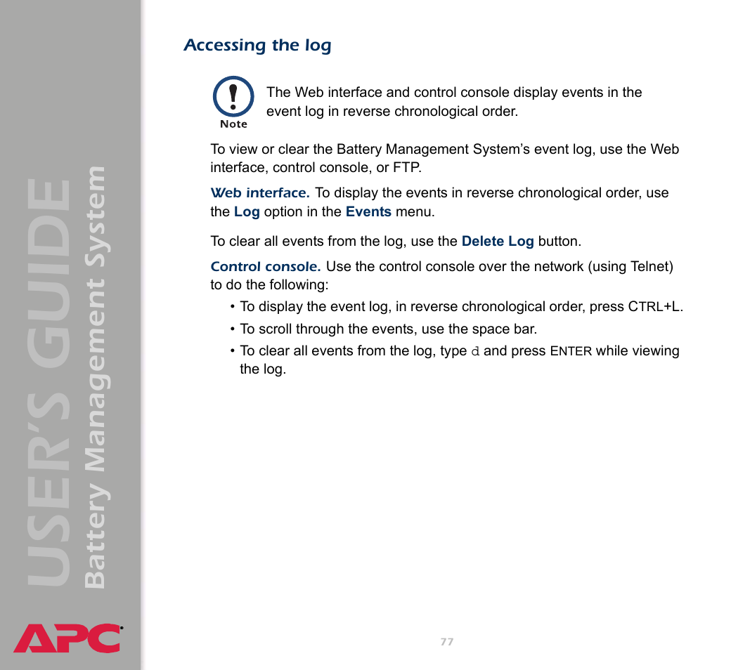 Accessing the log, User’s guide, Battery management system | APC Battery Management System User Manual | Page 84 / 194