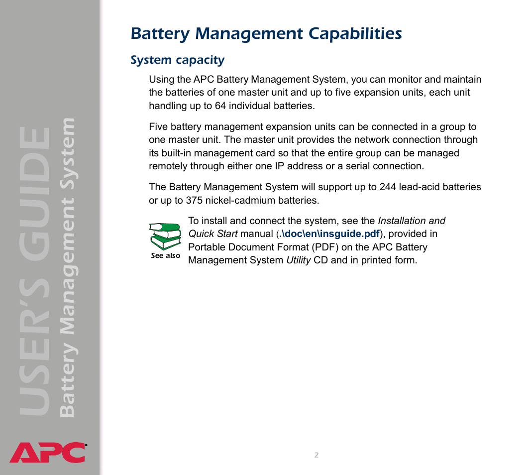 Battery management capabilities, System capacity, User’s guide | Battery management system | APC Battery Management System User Manual | Page 9 / 194