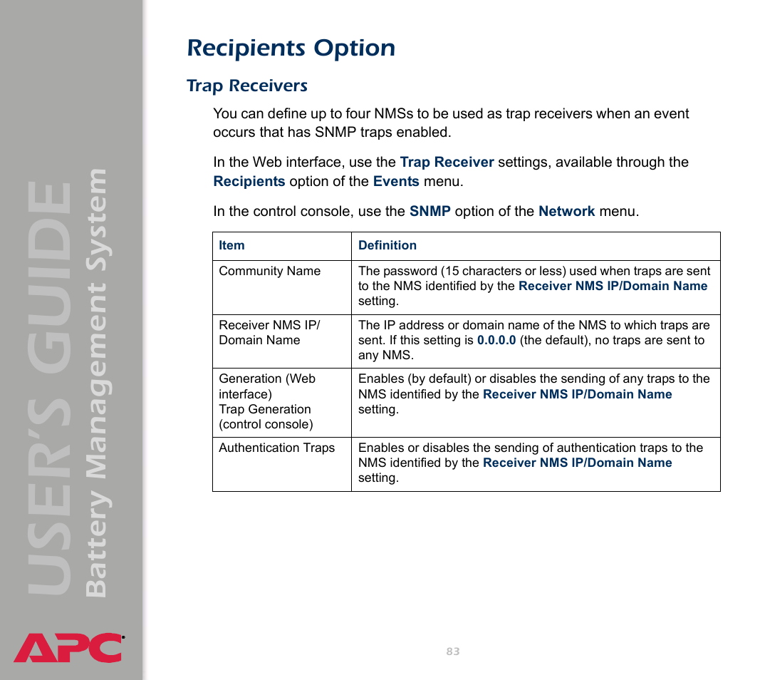 Recipients option, Trap receivers, User’s guide | Battery management system | APC Battery Management System User Manual | Page 90 / 194