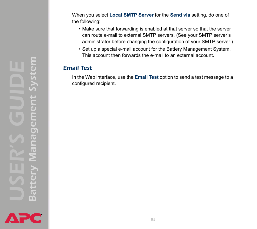 Email test, User’s guide, Battery management system | APC Battery Management System User Manual | Page 92 / 194