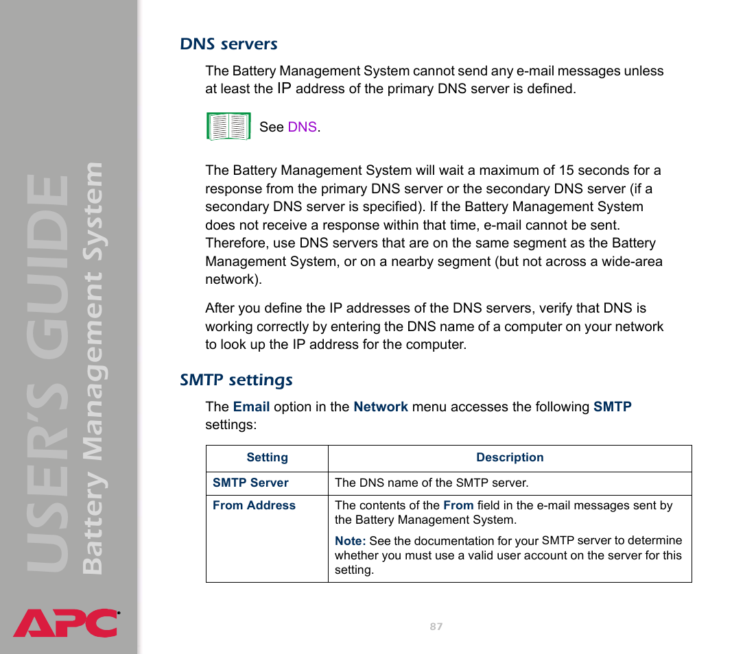 Dns servers, Smtp settings, User’s guide | Battery management system | APC Battery Management System User Manual | Page 94 / 194