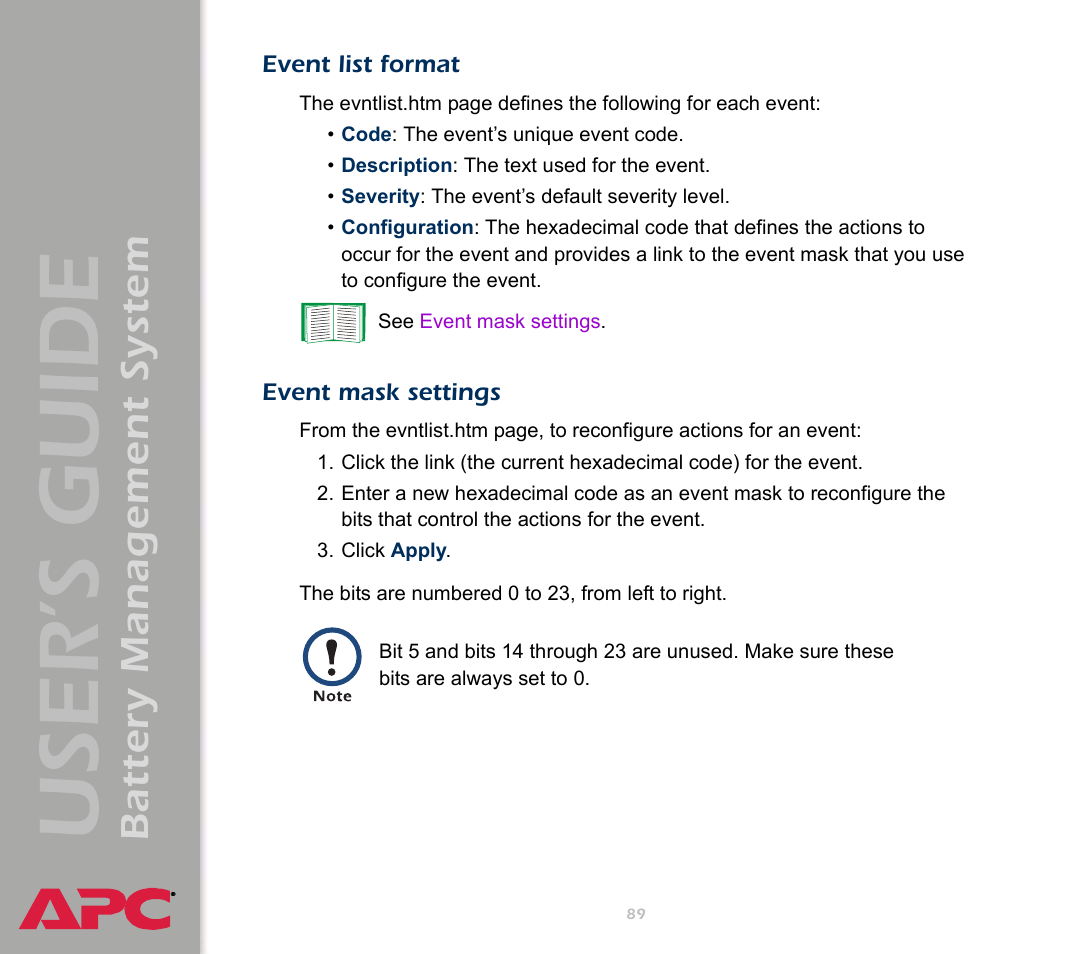 Event list format, Event mask settings, User’s guide | Battery management system | APC Battery Management System User Manual | Page 96 / 194