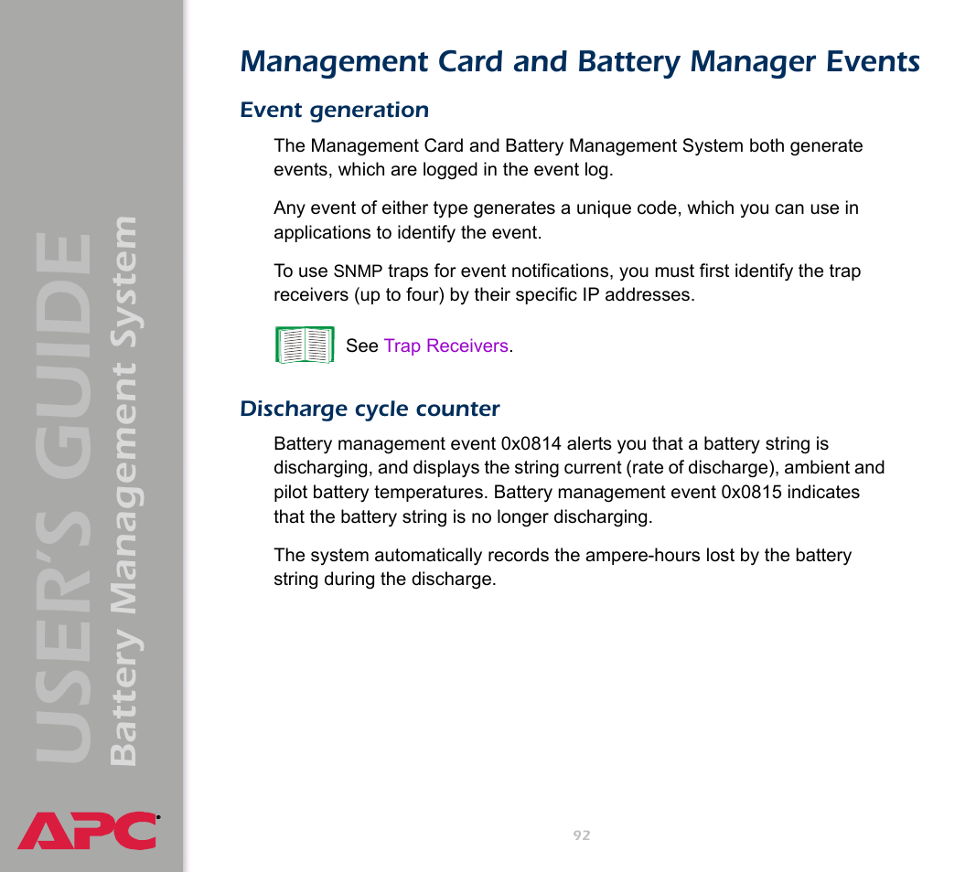 Management card and battery manager events, Event generation, Discharge cycle counter | User’s guide, Battery management system | APC Battery Management System User Manual | Page 99 / 194