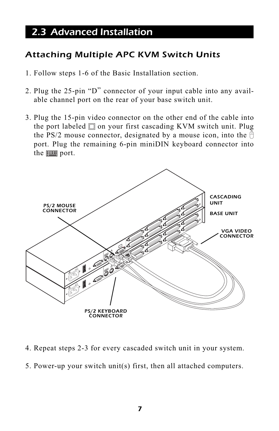 3 advanced installation, Attaching multiple apc kvm switch units | APC AP9254 User Manual | Page 11 / 44
