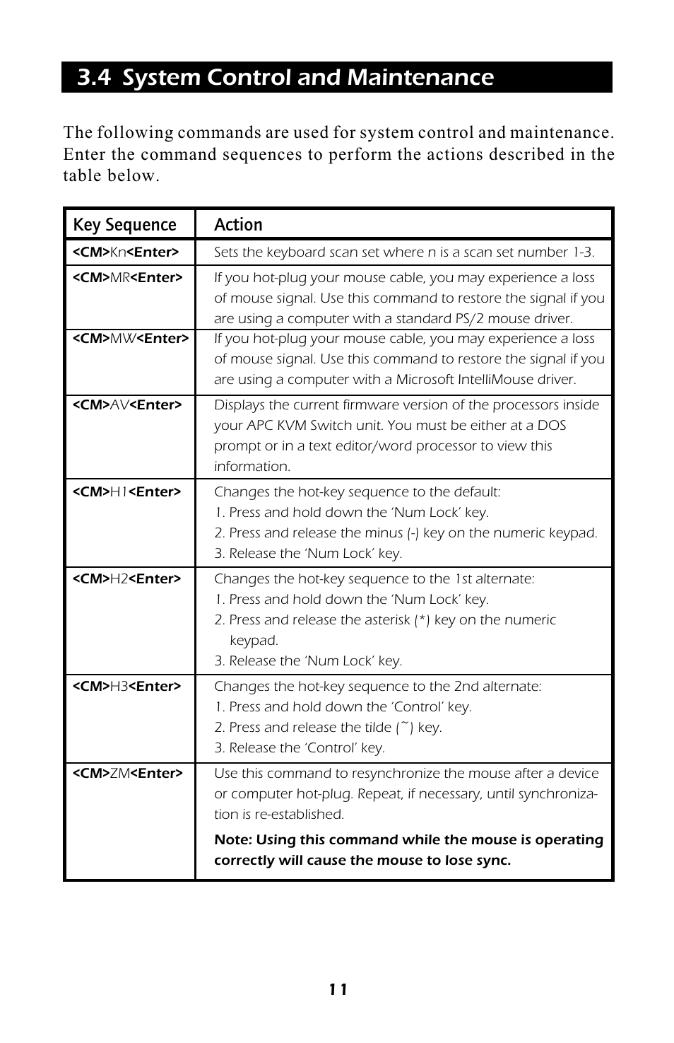 4 system control and maintenance, Key sequence action | APC AP9254 User Manual | Page 15 / 44