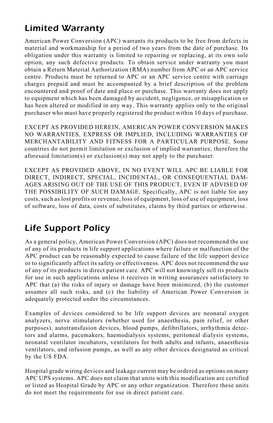 Limited warranty life support policy | APC AP9254 User Manual | Page 43 / 44