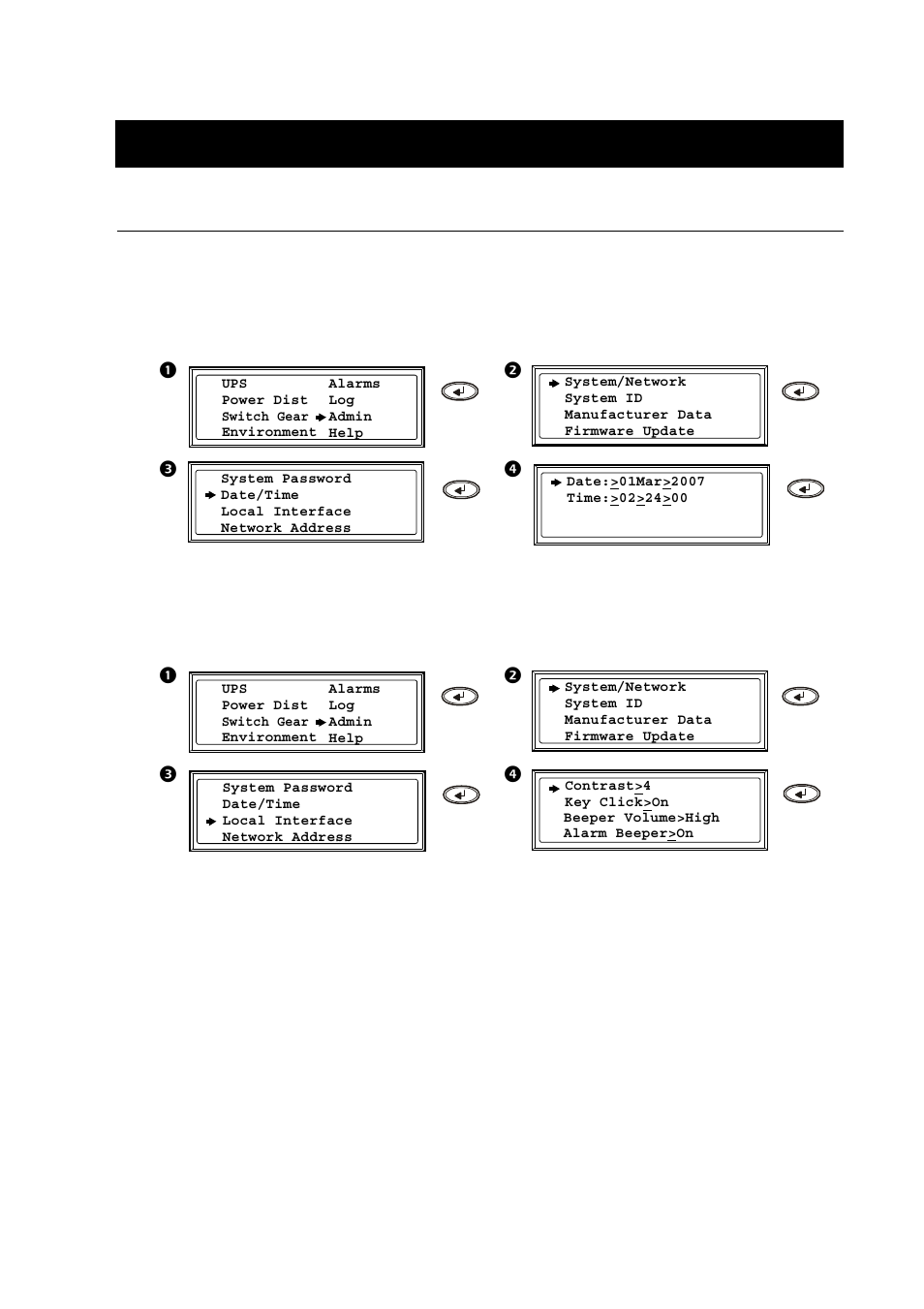 System settings, How to change the date and time, Press | How to change the settings, Configuration | APC SYMMETRA PDUM160H-B User Manual | Page 19 / 36