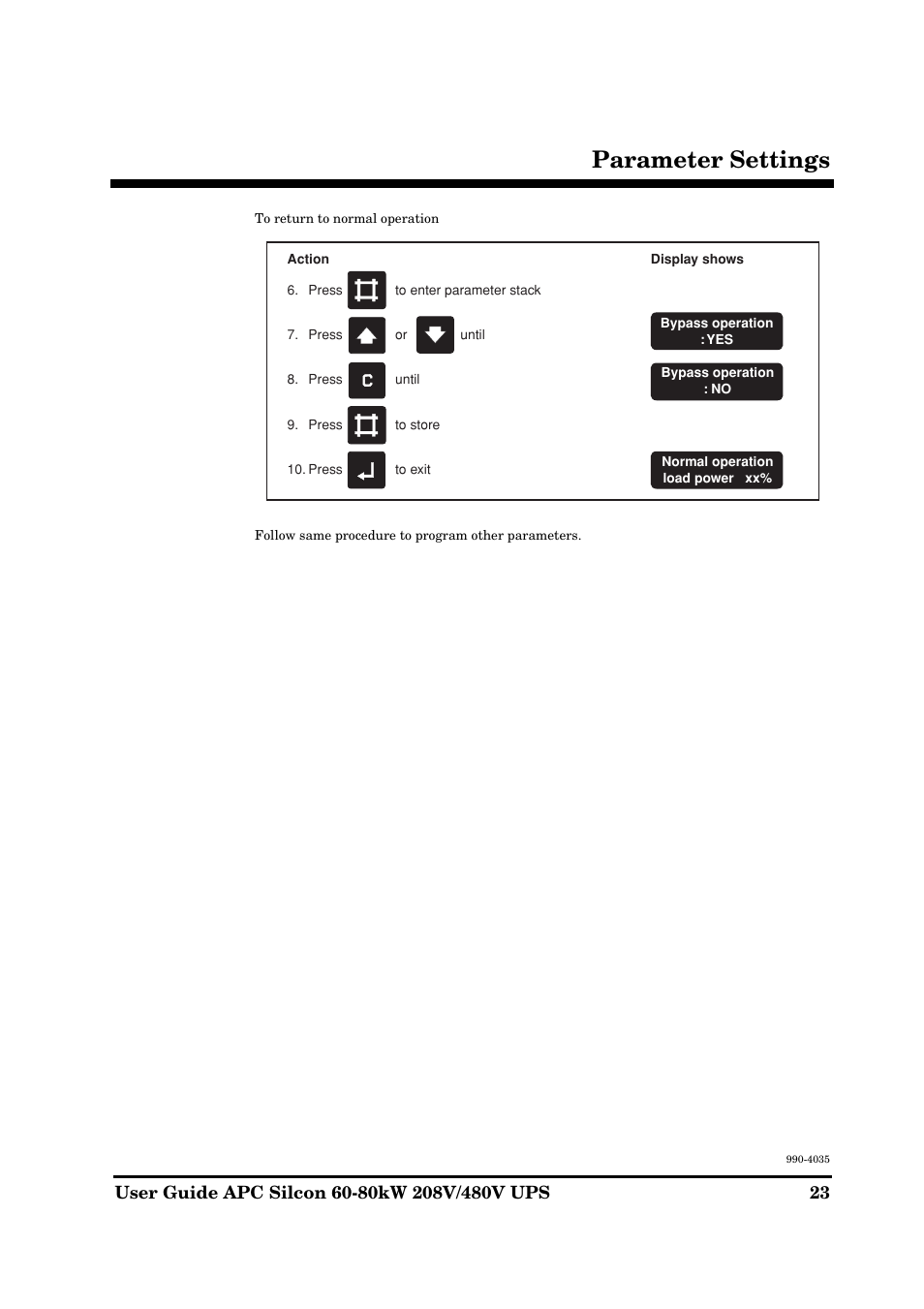 Parameter settings | APC SILCON 60-80KW 208/480V UPS User Manual | Page 23 / 34